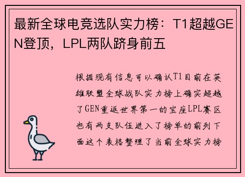 最新全球电竞选队实力榜：T1超越GEN登顶，LPL两队跻身前五