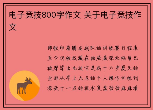 电子竞技800字作文 关于电子竞技作文